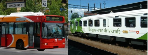 Bus urbano y tren regional (llamado “Amanda”), ambos impulsados 100% por biometano en Linköping, Suecia.