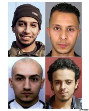 Las autoridades creen que Abaaoud (arriba a la izquierda) es el cerebro de los ataques en los sospechan que participó Salah Abdeslam (arriba derecha), y en los que fallecieron Bilal Hadfi (abajo derecha) y Samy Amimour (abajo izquierda)./ Foto: AFP