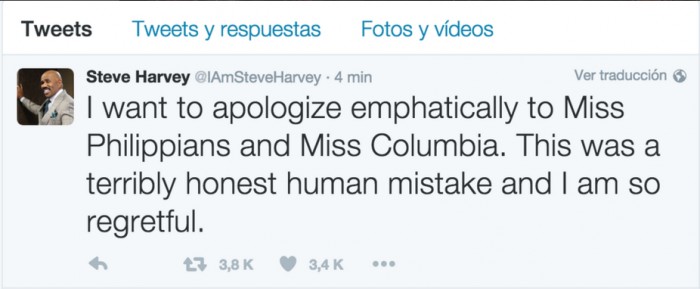 Harvey se disculpó en su cuenta de Twitter, pero ahí también se equivocó: escribió mal los nombres de los países Colombia y Filipinas