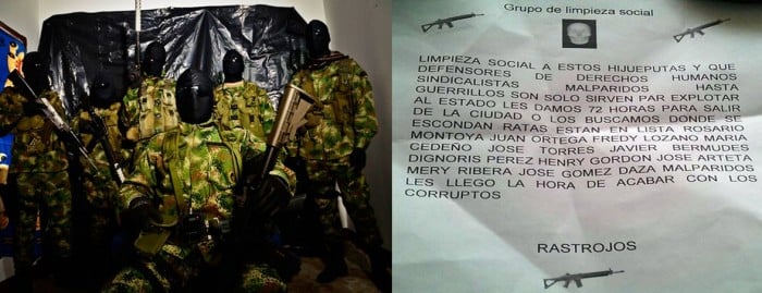 (Izquierda: Foto bacrim Medellín. Fuente: www.pacifista.co Derecha: Panfleto amenaza líderes de derechos Humanos en Barranquilla, Febrero de 2016, Fuente: Fundación Paz y Reconciliación)