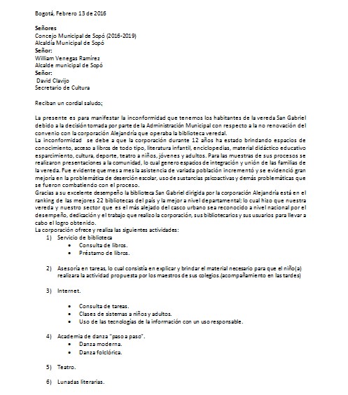 Los niños, usuarios de la biblioteca, redactaron esta carta para el alcalde de Sopó. Está soportada con 194 firmas