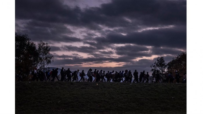 Los migrantes,escoltados por la policía antidisturbios de Eslovenia, a un campo de registro fuera Dobova. Foto: Sergey Ponomarev/ The New York Times