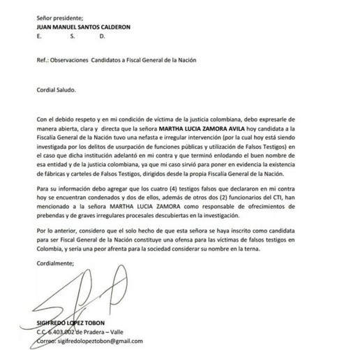 Carta Sigifredo contra Marta L Zamora