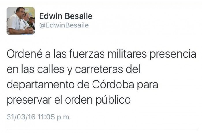 Luego de 24 horas del paro armado, el Gobernador de Córdoba, Edwin Besaile, por fin se pronuncia 