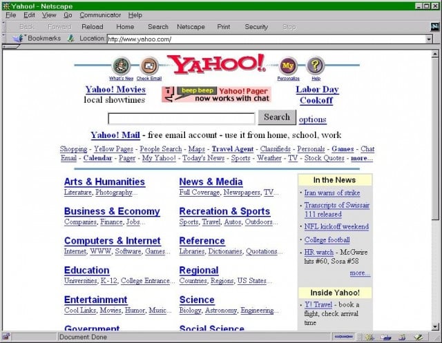 Directorio de Yahoo en 1998, el producto que la hizo grande.