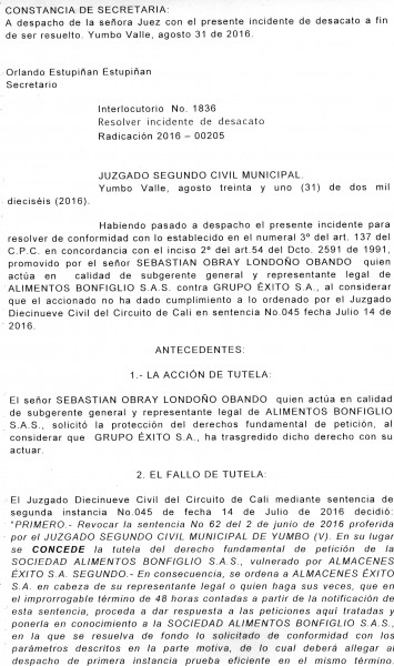 Presidente del Éxito: tres días de arresto por incumplir tutela - -- Las2orillas Ofici Juzg 3
