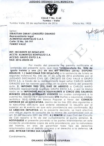 Presidente del Éxito: tres días de arresto por incumplir tutela - -- Las2orillas juez