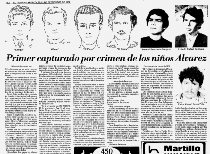 Carta de los esposos Sanjuán Arévalo en respuesta a las declaraciones del narcotraficante Jadér Álvarez. El Tiempo, 22 de septiembre de 1982