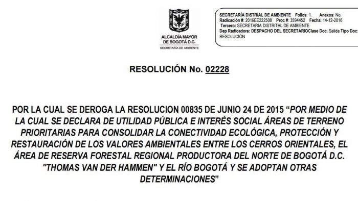  - La alcaldía de Bogotá intenta desaparecer la Reserva Van der Hammen
