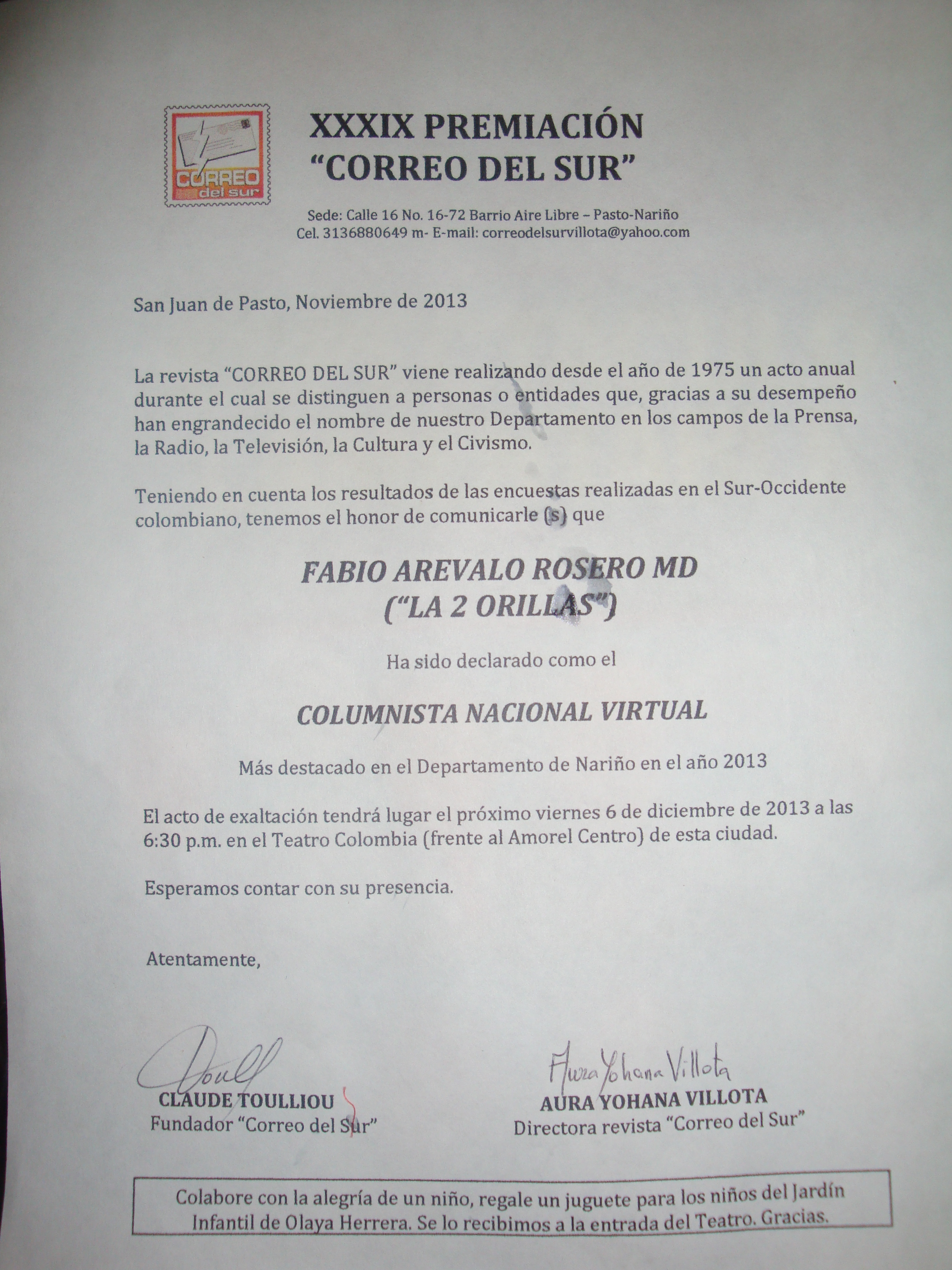 El primer premio para Las 2 Orillas