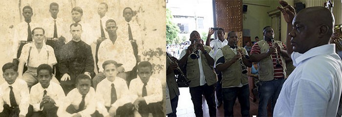 (Arriba) El padre Isaac con sus estudiantes. (Abajo) Uno de sus discípulos ahora está frente a la banda de la iglesia