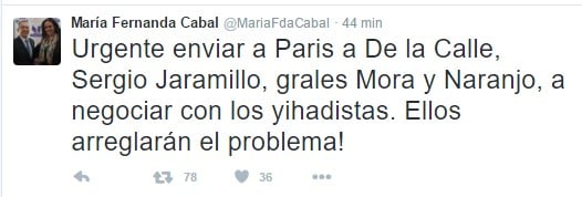 María Fernanda Cabal alerta con trinos al Fiscal y negociadores de La Habana sobre el terrorismo