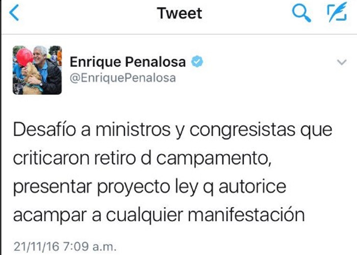 Peñalosa está orgulloso de haber desalojado el campamento por la paz