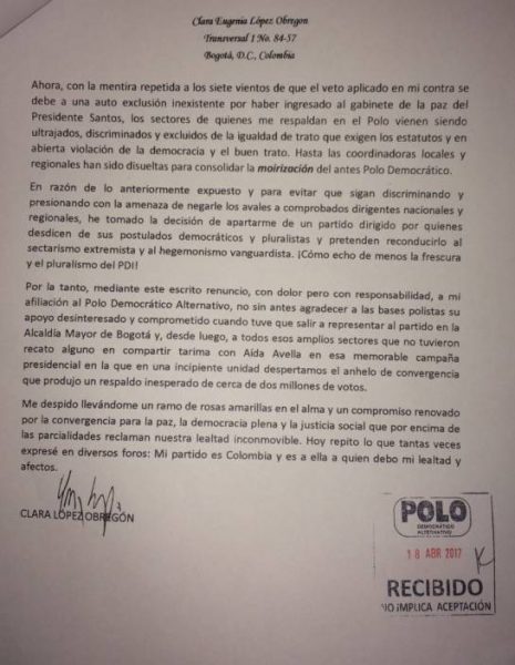  - Clara López sacrifica el Polo por la candidatura presidencial