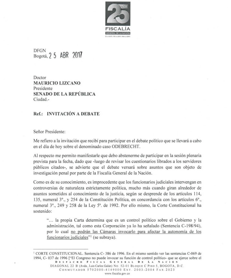  - Las respuestas del Fiscal al cuestionario del Senador Robledo sobre Odebrecht