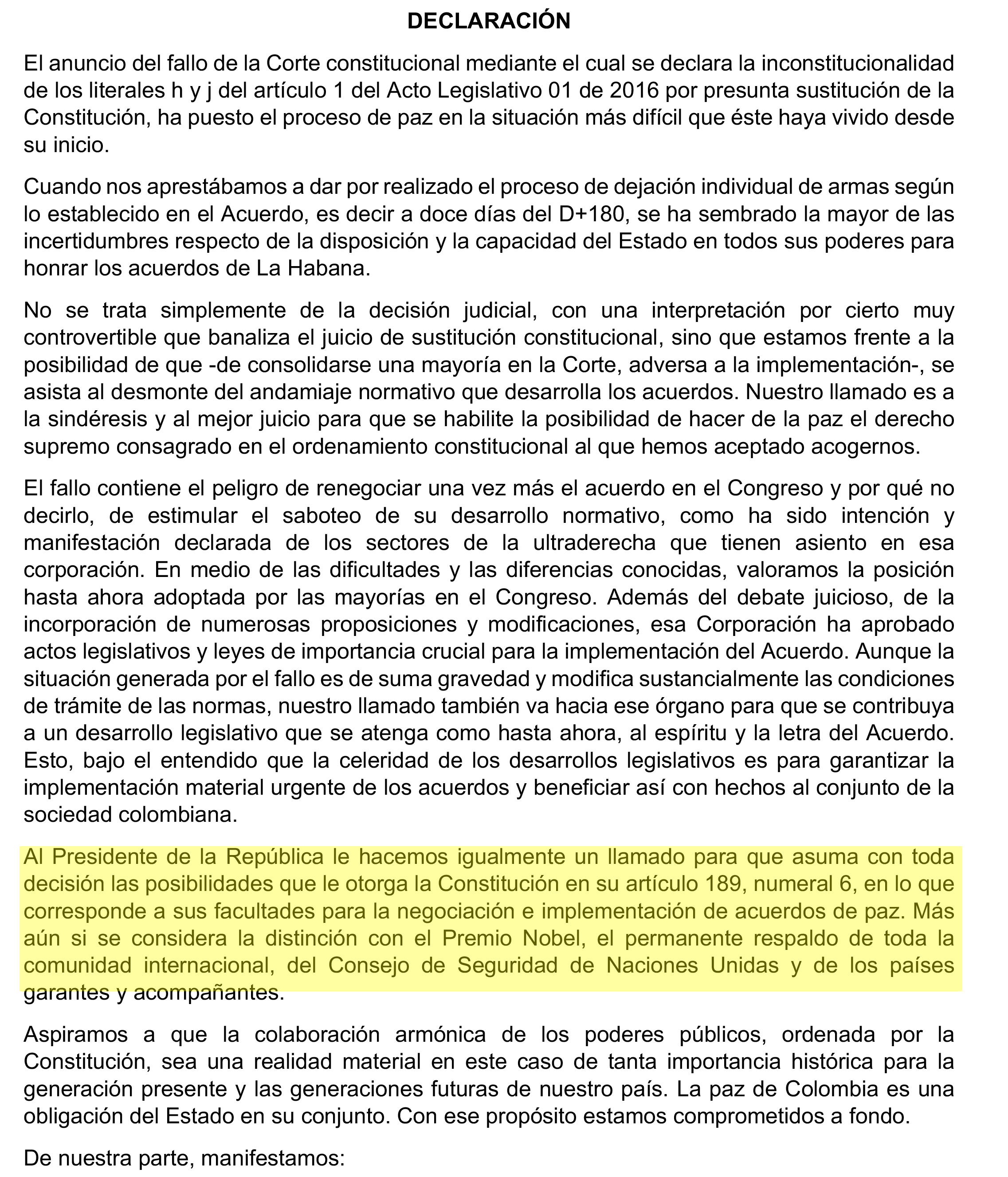  - Corte Constitucional pone en jaque el proceso de paz