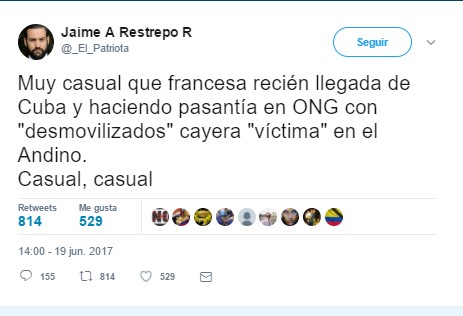  - Los trinos mas espeluznantes de los fanáticos uribistas contra la francesa muerta en el Andino