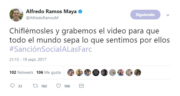  - El senador uribista, esposo de la mujer que confundió a un jubilado con uno de las Farc, sigue agitando el odio en redes