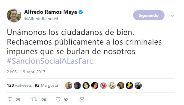  - El senador uribista, esposo de la mujer que confundió a un jubilado con uno de las Farc, sigue agitando el odio en redes
