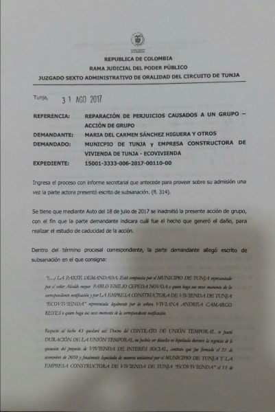  - Acción de grupo admitida en Tunja para el caso de la Estancia el Roble