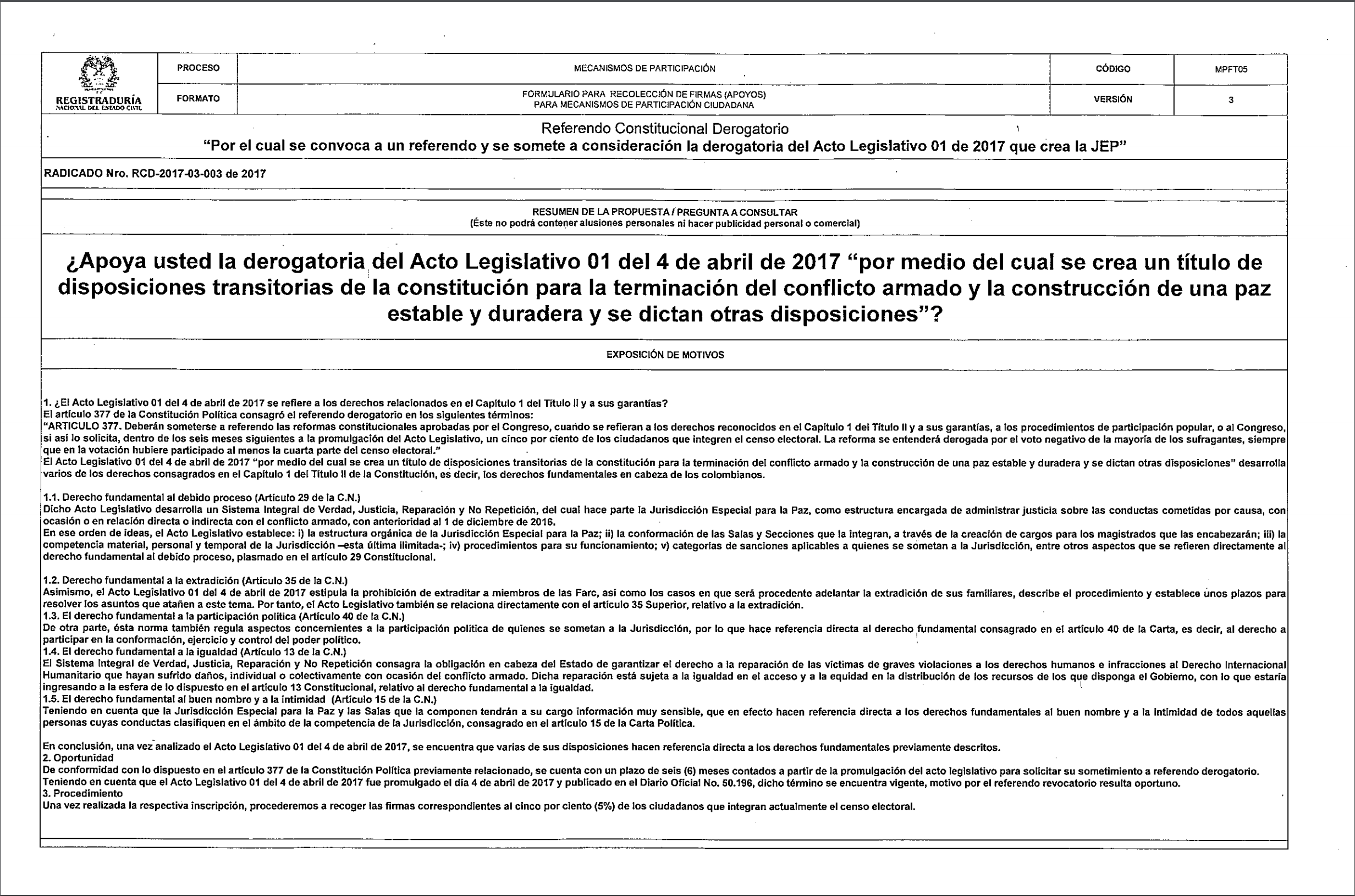  - Circulan ya los 3 formularios con los que el uribismo busca tumbar la JEP