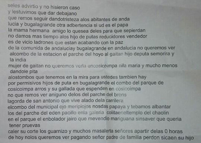 Circulan panfletos amenazantes en Andalucía y Bugalagrande