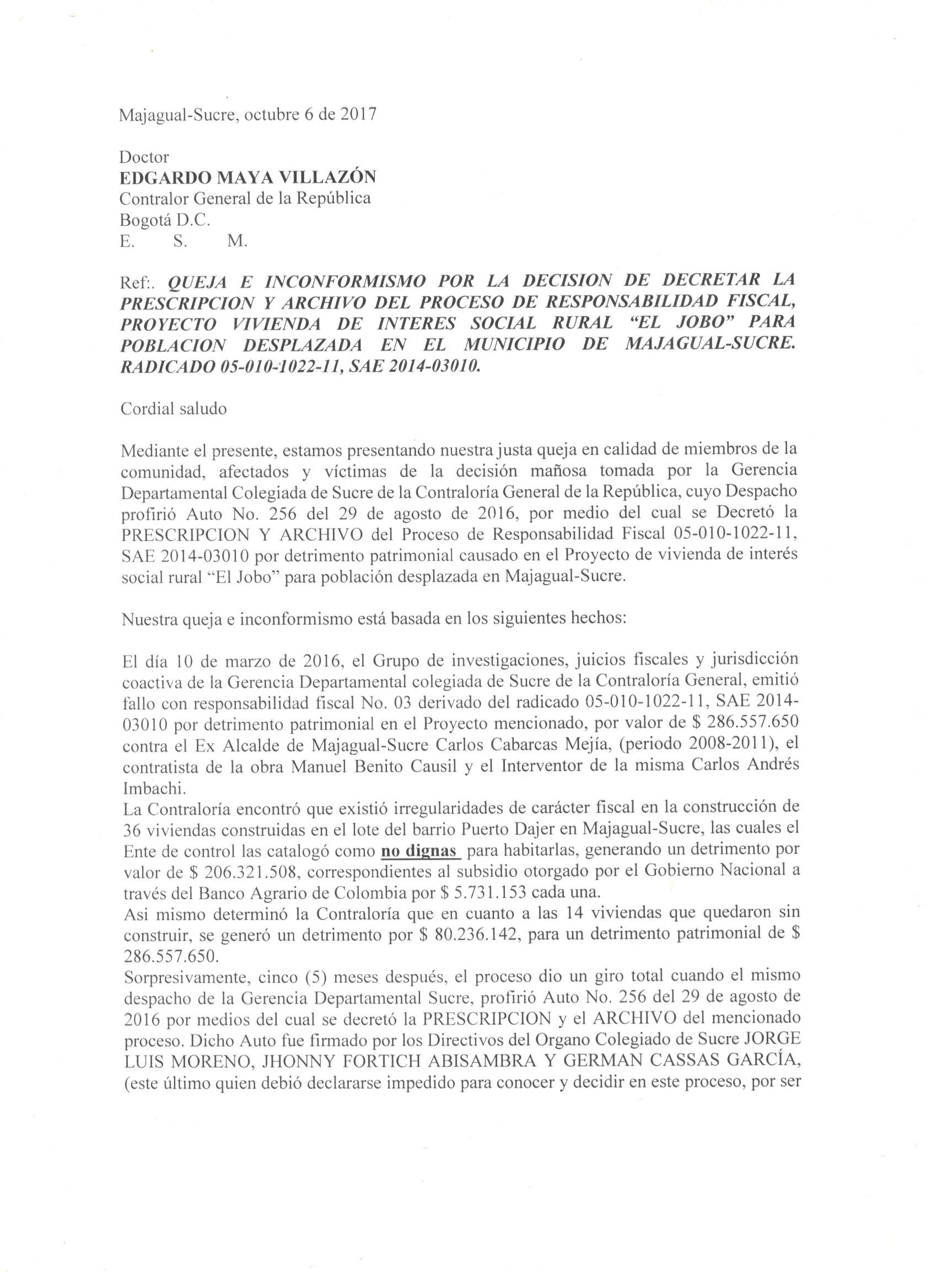  - Contralor General, ¿por qué se prescribió y archivó el proceso de responsabilidad fiscal del proyecto de vivienda El Jobo en Majagual?