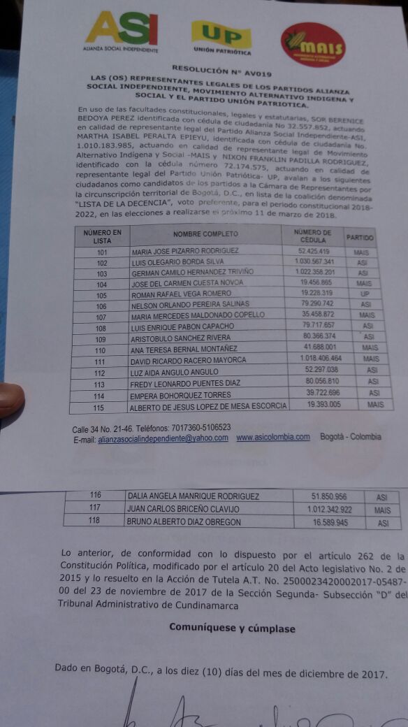  - María José Pizarro encabeza la lista de la decencia a la Cámara de Bogotá