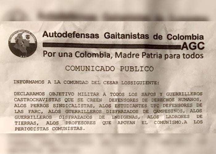 Graves amenazas contra líderes en el Cesar