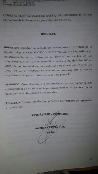 - Santiago Uribe Vélez dormirá hoy en su casa en el Poblado de Medellín