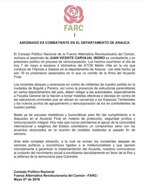  - La Farc denuncia nuevo asesinato de un desmovilizado