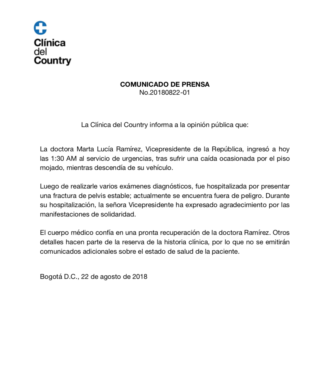  - Por fractura de pelvis, hospitalizada la vicepresidente