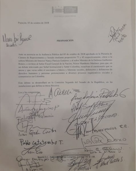  - Desplante a líderes sociales provoca control político a ministros de Defensa e Interior