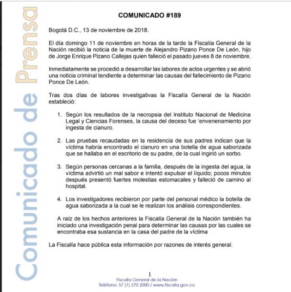  - Alejandro Pizano murió envenenado por cianuro: Medicina legal