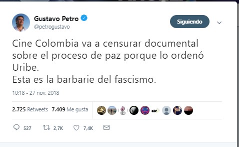  - “Señor Gustavo Petro a Cine Colombia se le debe respetar su derecho a la cobardía”
