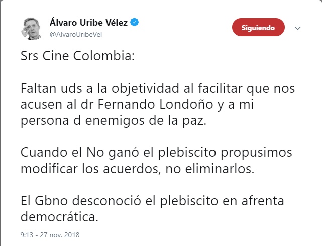  - Uribe y su enérgico trino contra Cine Colombia