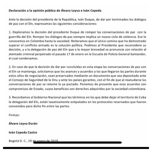  - Países garantes listos para asegurar regreso de negociadores del ELN