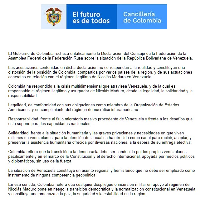  - Duro cruce de cartas entre Colombia y Rusia