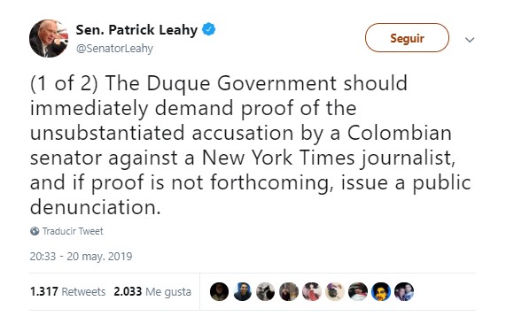  - Los señalamientos de Cabal contra periodista del NY Times escalaron
