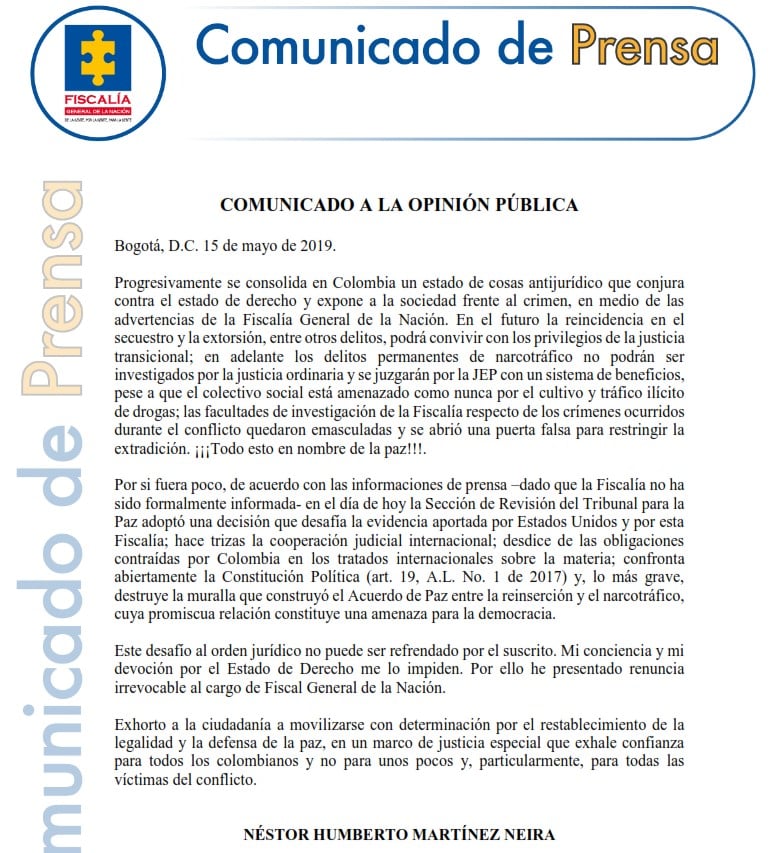  - La renuncia en vivo y en directo del fiscal Néstor Humberto Martínez