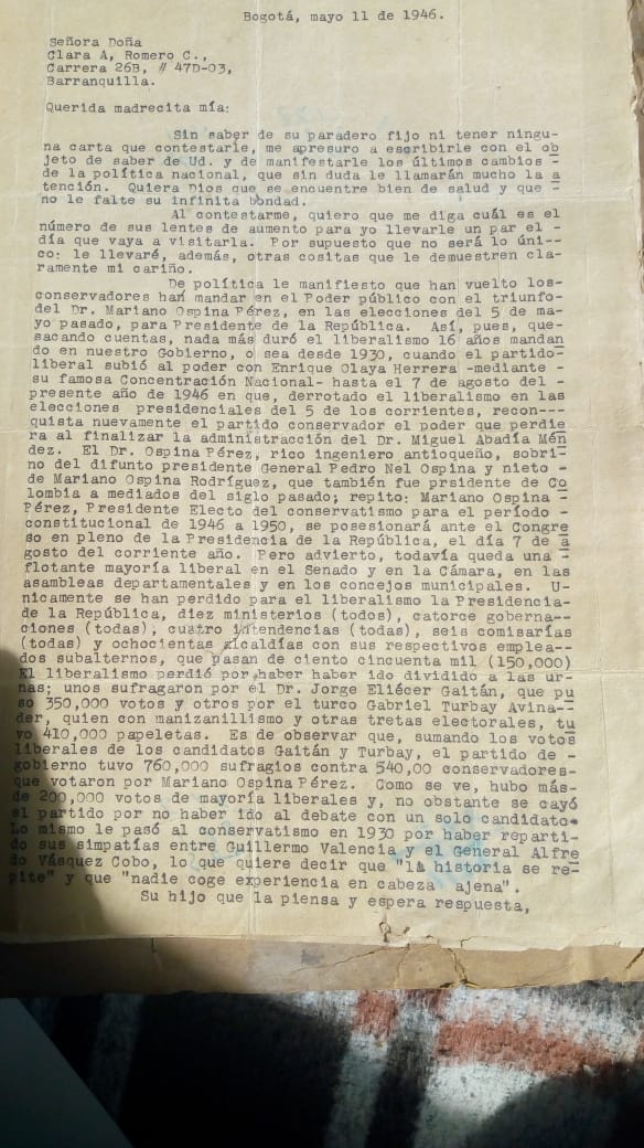  - La reveladora carta que cuenta el contexto del ascenso de Mariano Ospina Pérez