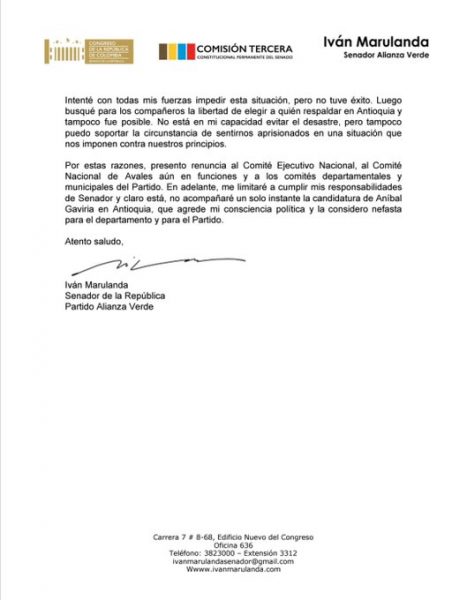  - Bandazo de Partido Verde en Antioquia: renuncia Iván Marulanda