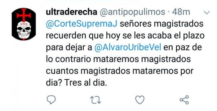  - "A los antiuribistas hay que matarlos": Condenado el tuitero que amenazaba periodistas