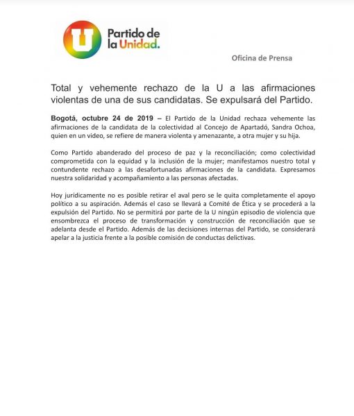  - Aurelio Iragorri toma medidas contra candidata de la U que pidió violar a una mujer