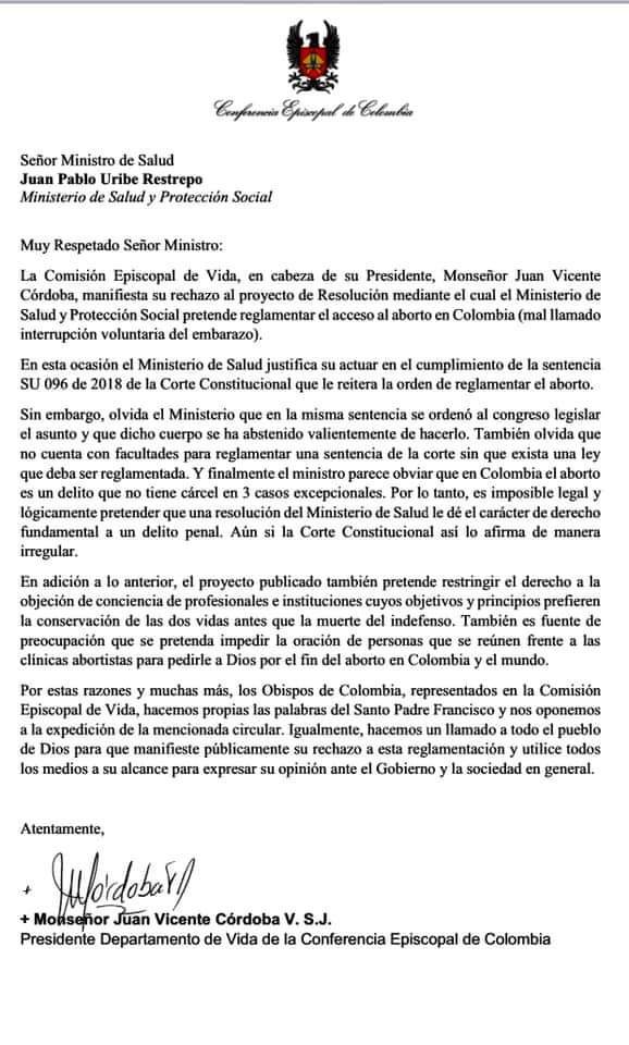  - Monseñor Juan Vicente Córdoba no quiere aborto de ninguna manera