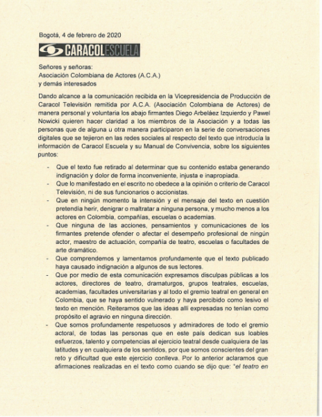  - Caracol se disculpa con la Asociación Colombiana de Actores por decir que el teatro no existe