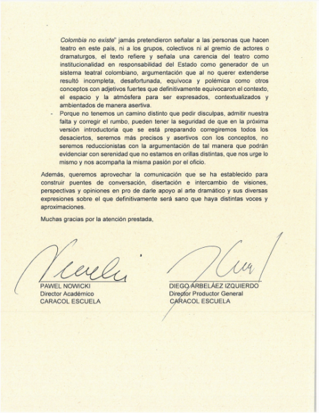  - Caracol se disculpa con la Asociación Colombiana de Actores por decir que el teatro no existe