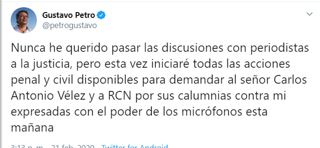  - Gustavo Petro no se aguanta que Carlos Antonio Vélez le diga asesino y lo demanda