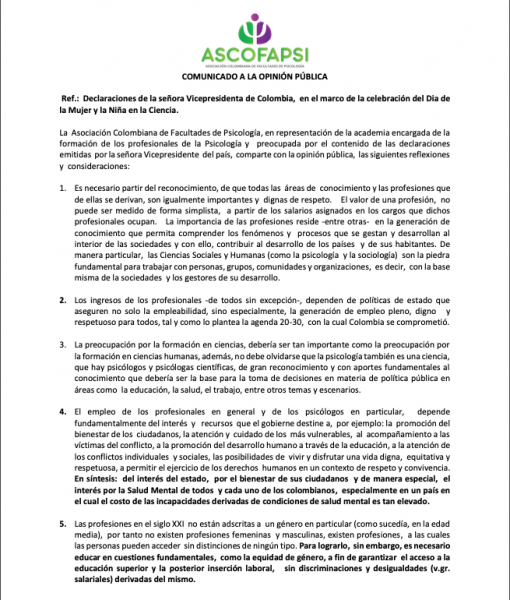  - Duro reproche de las facultades de psicología a la vicepresidenta