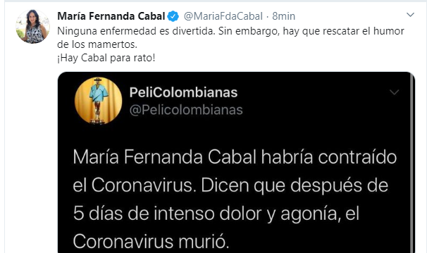  - Maria Fernanda Cabal se burla de los mamertos que le deseaban el Coronavirus